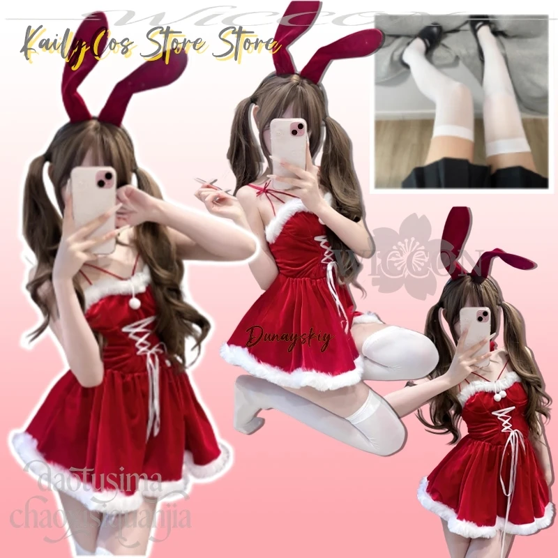 

Cute Sexy Bunny Girl Original Design Cosplay Velvet Red Dress Furry Kawaii Rabbit Headwear Mini Dress Halloween Party Christmas