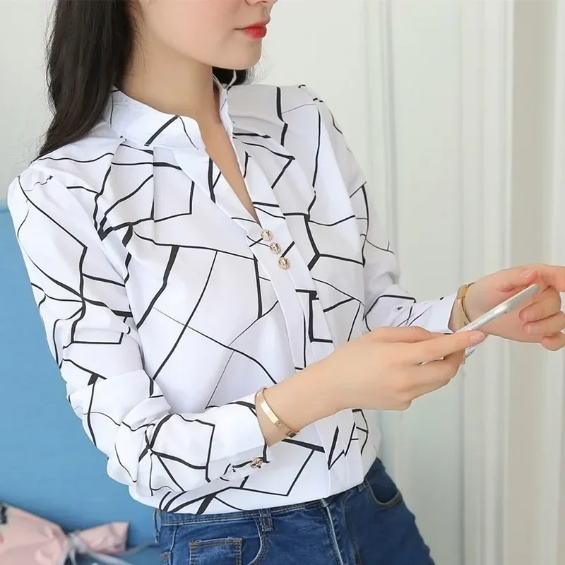 Women White Tops Women\'s Blouses Fashion Stripe Print Casual Long Sleeve Office Lady Work Shirts Female Slim Blusas