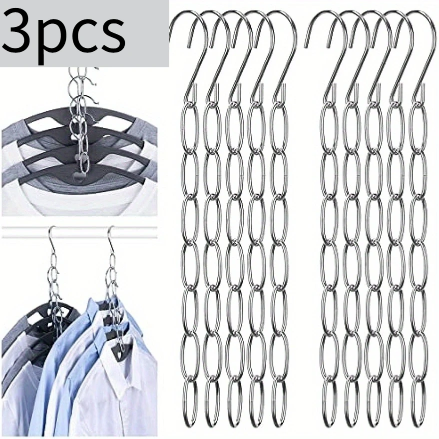 3pcs Hangers Space Saving, Metal Chain Clothes Hanger Organizer With 7 Slots, Magic Foldable