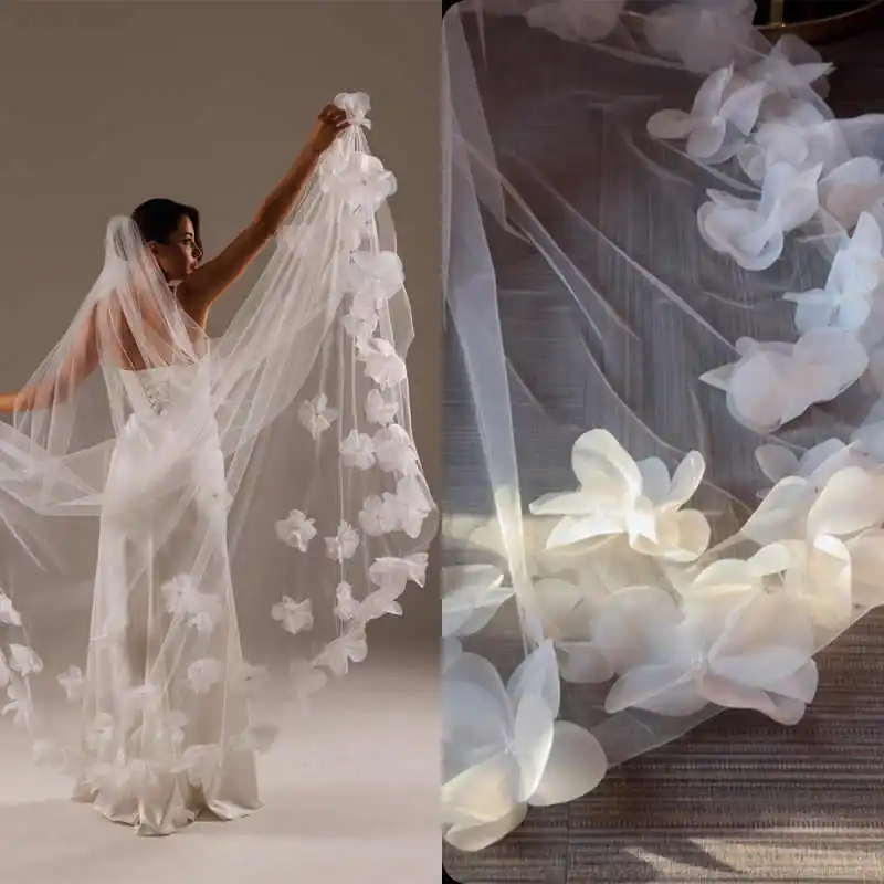 

Свадебная фата принцессы с кружевным краем, длинная роскошная фата с аппликацией в виде собора, однослойная фата с 3D цветами по индивидуальному заказу