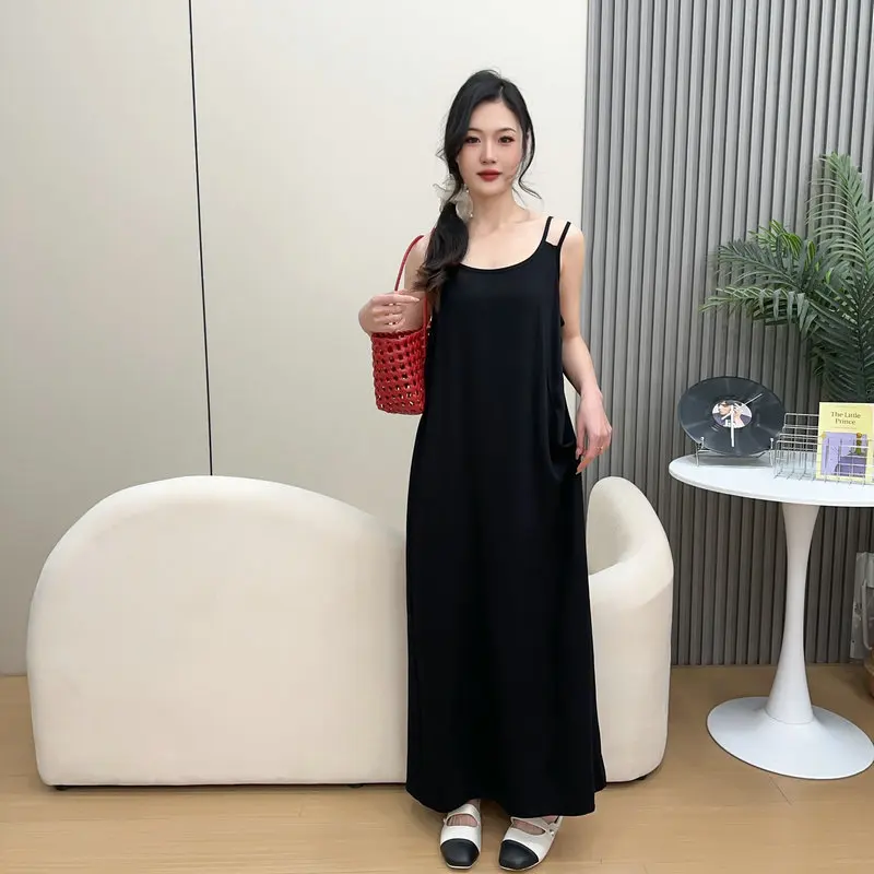 

Платье без рукавов из смеси хлопка, ночная рубашка, длинное платье в стиле пляжного отдыха, свободное платье-майка с круглым вырезом