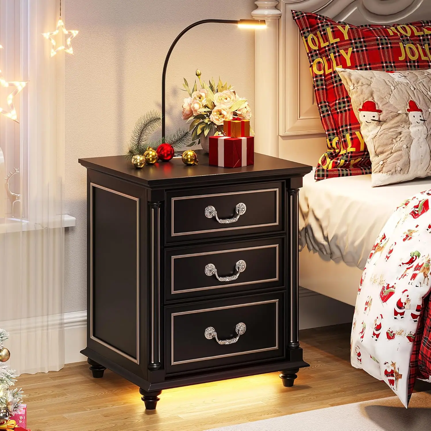

Farmhouse Nightstand With Gun Drawer And 3 Large Storage Drawers,Smart Bedside End Table With LED Light And Human, Customized