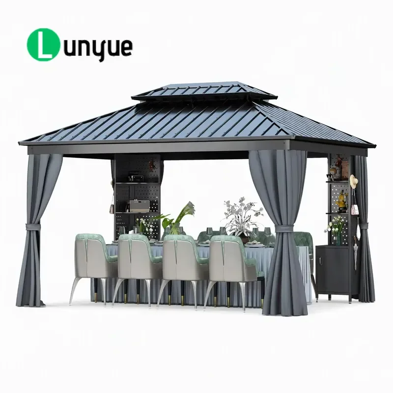 Dark Grey Aluminum Rigid Gazebo Outdoor Pergola with Curtains Storage Racks Metal Roof for Garden Villa Patio Backyard