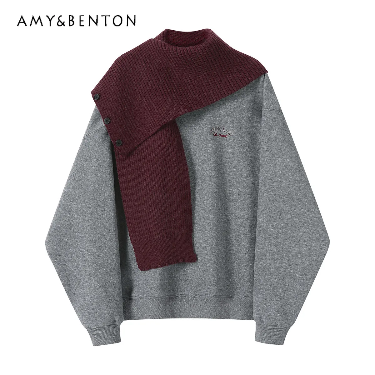 

Spring Autumn New Women's Gray Blue Fleece Lined Thick Loose Casual Letter Embroidered Round Neck Sweatshirt with Knitted Scarf