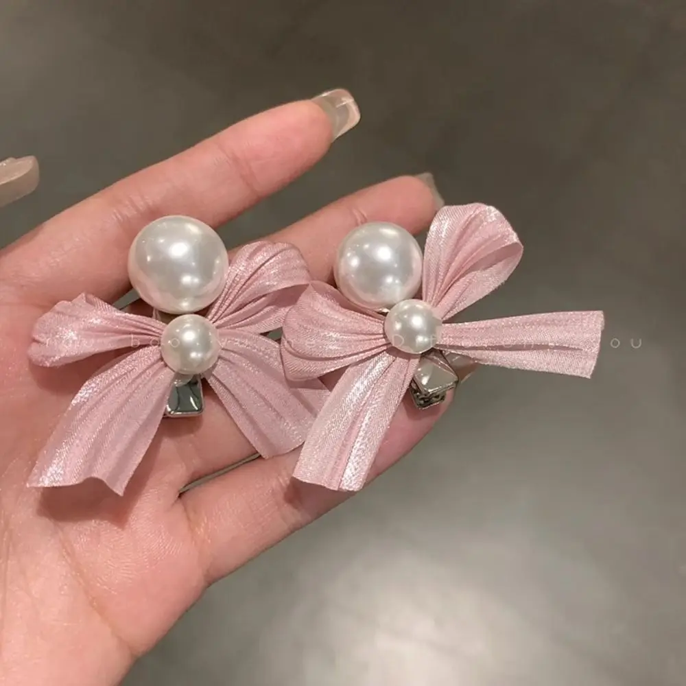 

Fashion Trendy Bow Pearl Hairpin Elegant Pink Bowknot Hair Clips Side Clip Y2k Bangs Pearl Clips Student