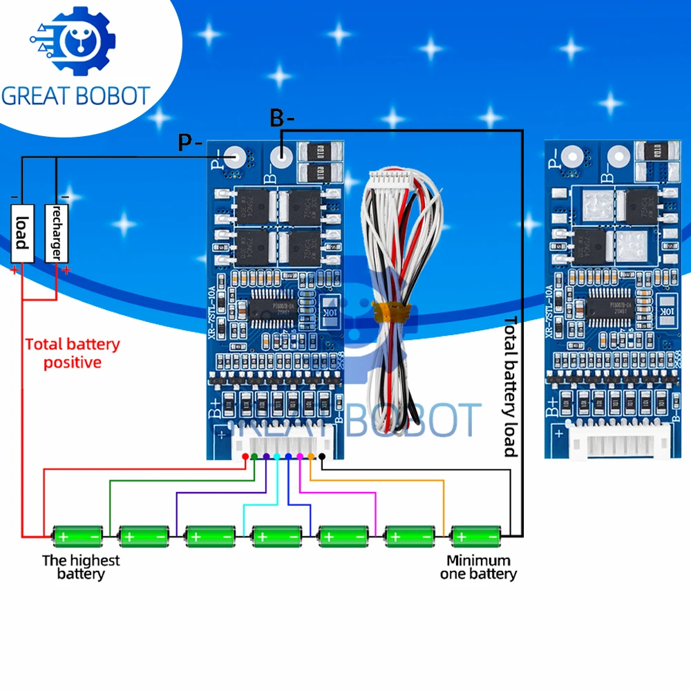 1pc 7S 3.2v 22.4V LiFePO4 BMS Protection Board - 5A/10A Continuous Current with Active Balance with cable