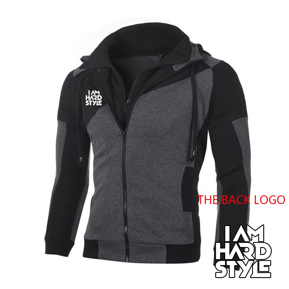2024 Spring Autumn Men\'s I Am Hardstyle Logo Printing Popular High Street Hooded Double Zipper Casual Splicing Cotton Sweatshirt