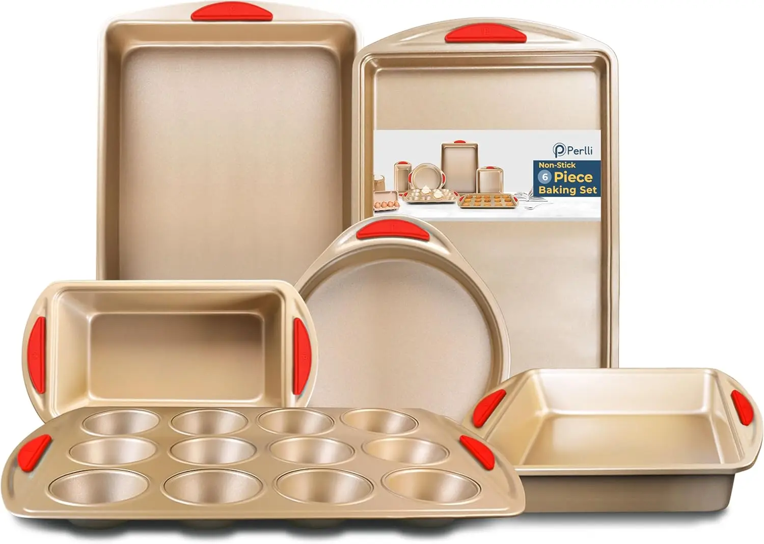 

Набор посуды для выпечки из золотистой нержавеющей стали с антипригарным покрытием - 6 предметов: круглая форма для торта, форма для хлеба, квадратная форма, форма для кексов, противень для печенья.