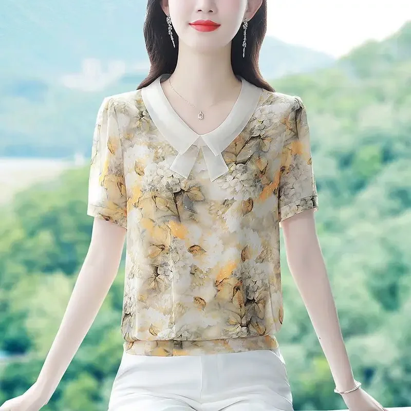 صيف جديد قميص شيفون كم قصير دمية الرقبة المرقعة الأزهار بلوزة المرأة فضفاضة المناسب الأم قاع بلوزة M-5XL