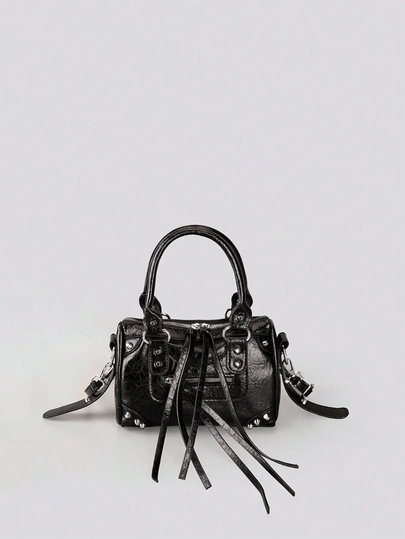

Black Distressed PU Mini Top-Handle Bag with Studs, Tassels & Adjustable Strap