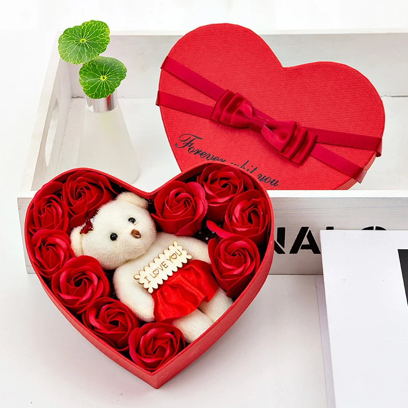 Decoration Soap Artificial Rose Flower San Valentine Gift Teddy Bear Rose Artificielle Flower Valentines Day Box Heart Rose Bear