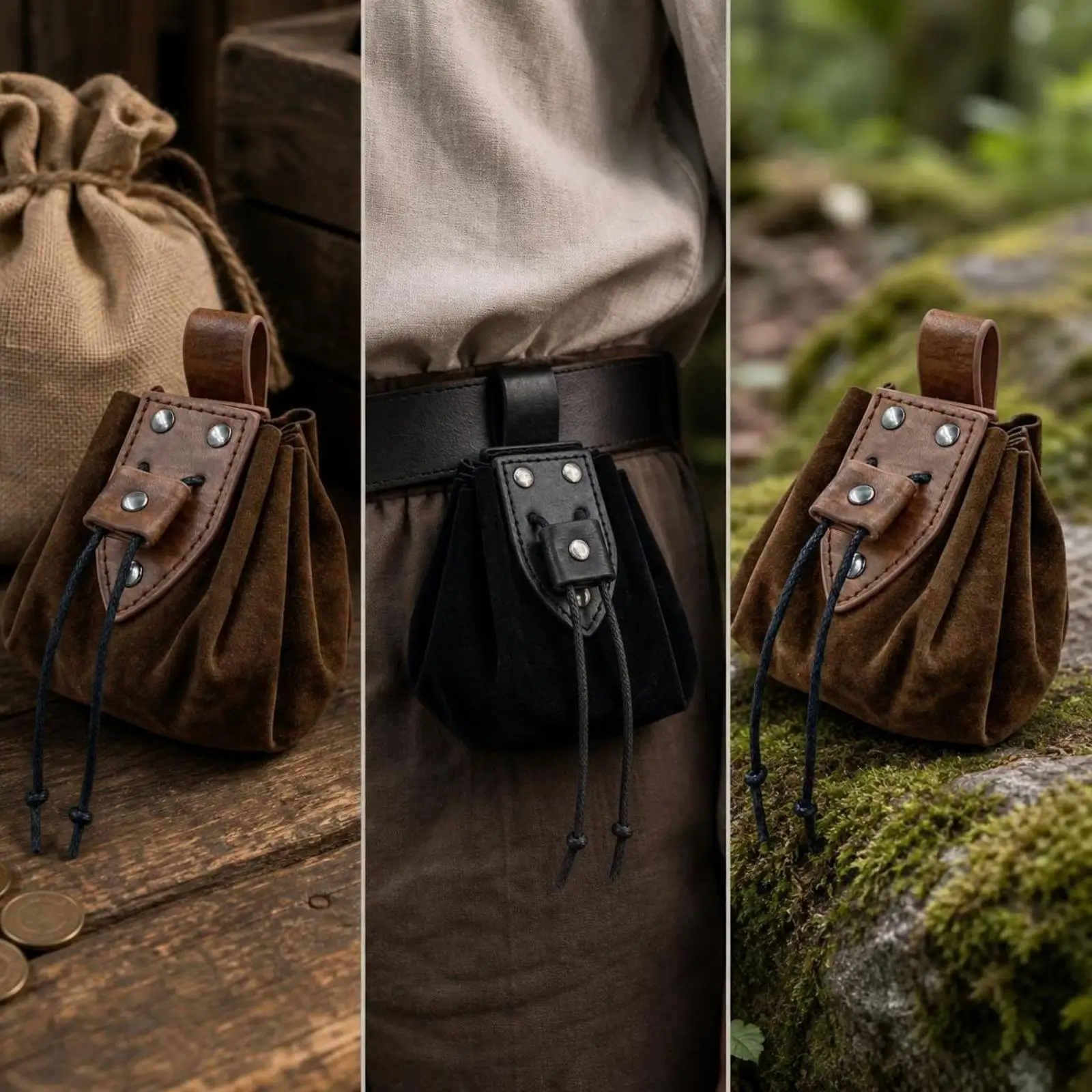 Medieval Waist Pouch Viking Belt Bag Drawstring Closure with Metal Buckle for Historical Reenactment Costume