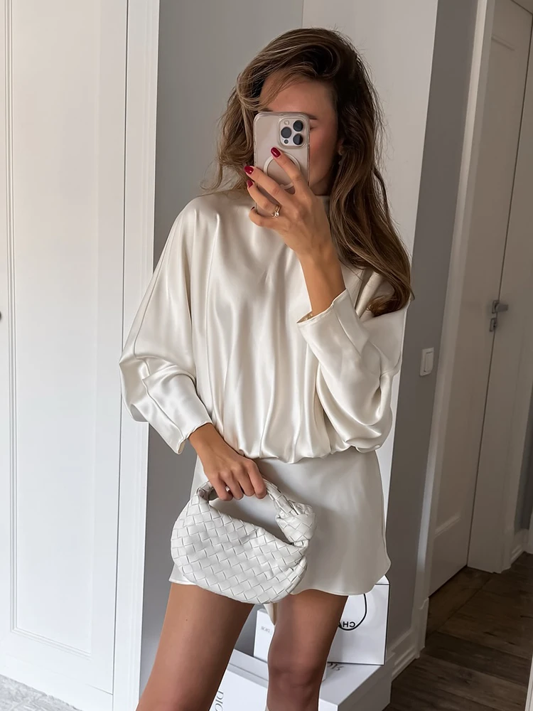 Hh moda feminina seda cetim textura cachecol design gravata borboleta vestido curto feminino elegante simples gola alta manga comprida vestido casual