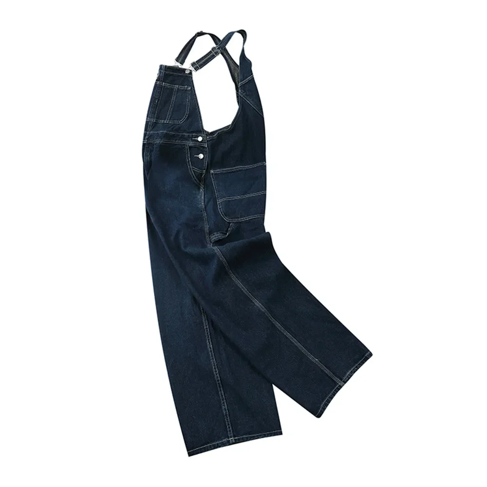 Overall Denim Banyak Saku Celana Bib Pria Kasual Ketat Celana Jumpsuit Longgar Warna Solid Celana Panjang Pria