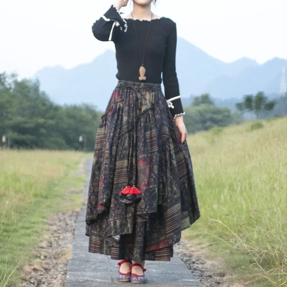 Cotton Linen Streetwear Harajuku Y2k Skirt Long Skirts for Women Clothing Vintage Fashion Clothes Casual Vintage Ethnic Style