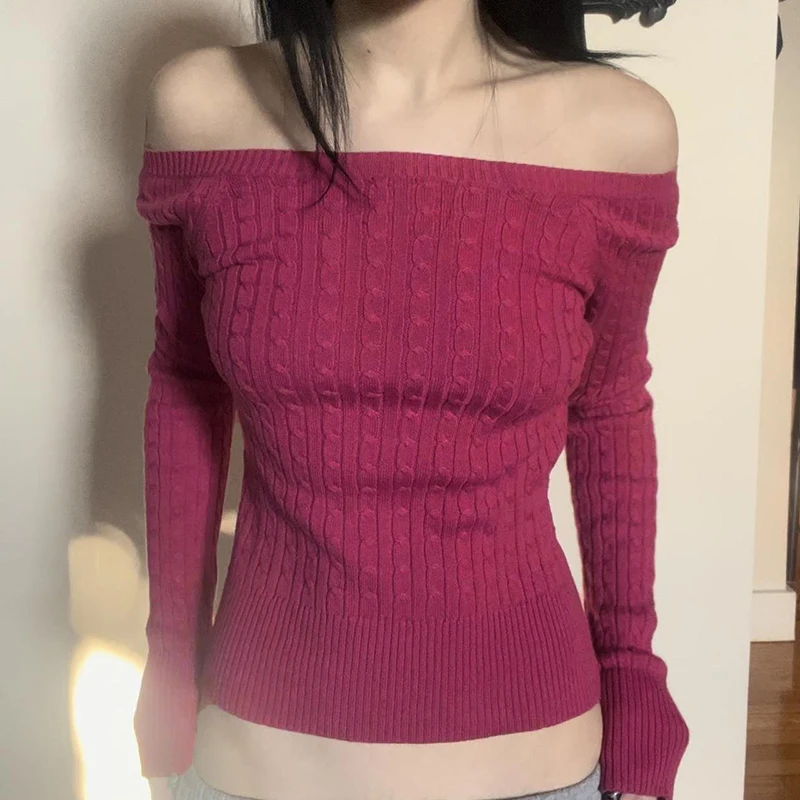 

BIIKPIIK Slash Neck Sweaters For Ladies Young Hot Full Sleeve Slim Pullovers Autumn Winter Knitwear Tops Simple Casual Sweaters