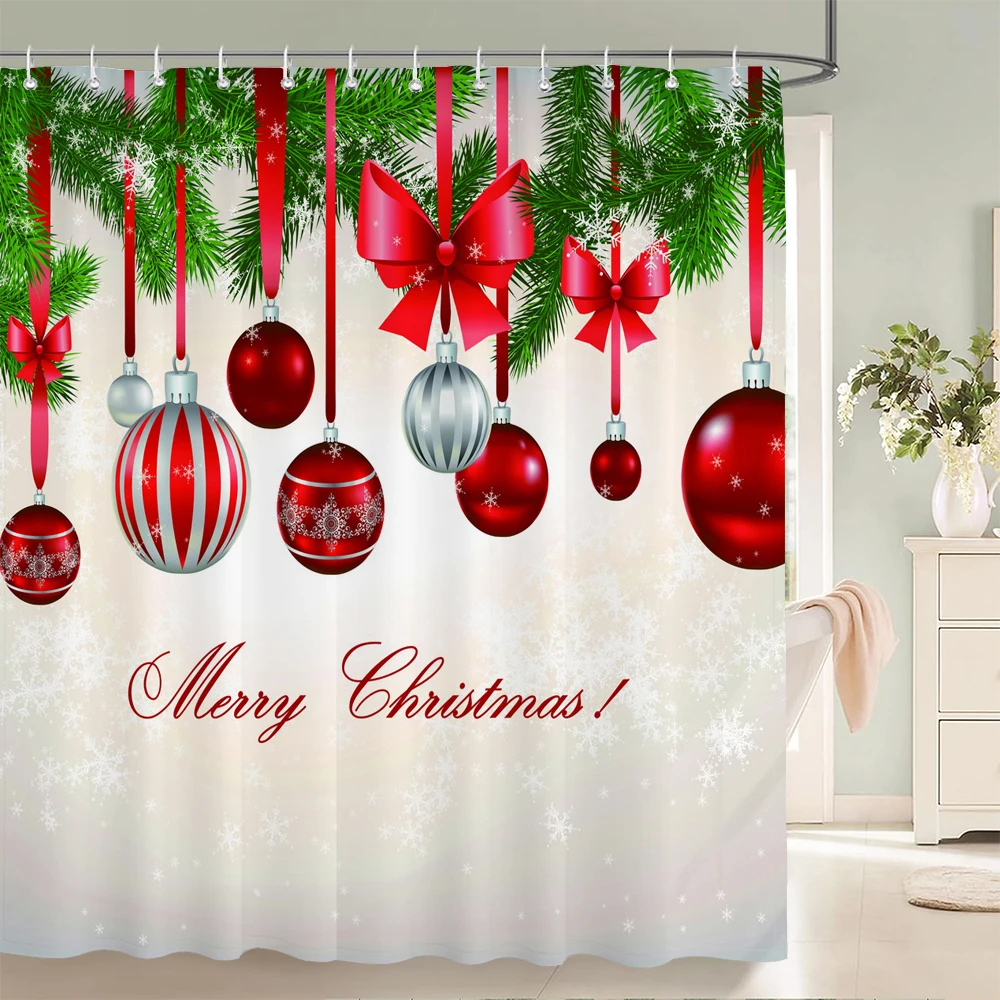 

Bathroom Christmas Shower Curtain Merry Christmas Printed Polyester Fabric Shower Curtain Holiday Decorative Curtain with Hooks