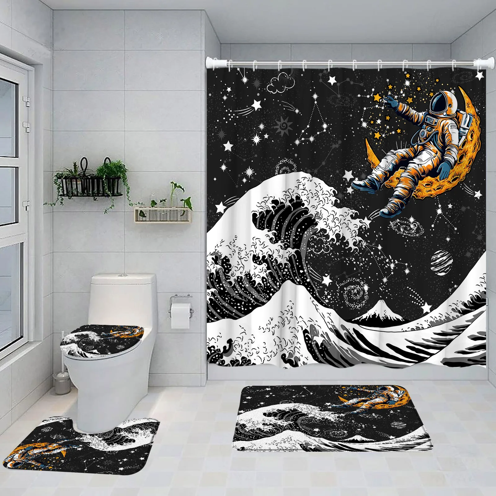 Galaxy Astronaut Science 4Pcs Shower Curtain Set Planets Starry Sky Sea Wave Kids Child Home Carpet Bathtub Rug Toilet Lid Cover