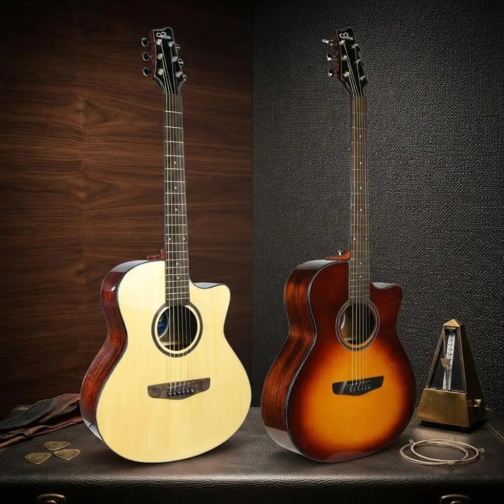 Cutaway OM‑Style Acoustic Guitar, Sitka Spruce Solid Top,Ebony Fingerboard Gloss Finish For Folk Fingerstyle & Strumming Playing