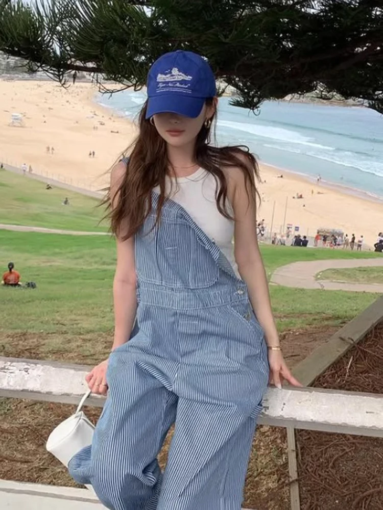 Retro Hong Kong Style Wide Leg Pants Women's Loose Fit Striped Denim Overalls Long Straight Tube Trousers High Waist Commute