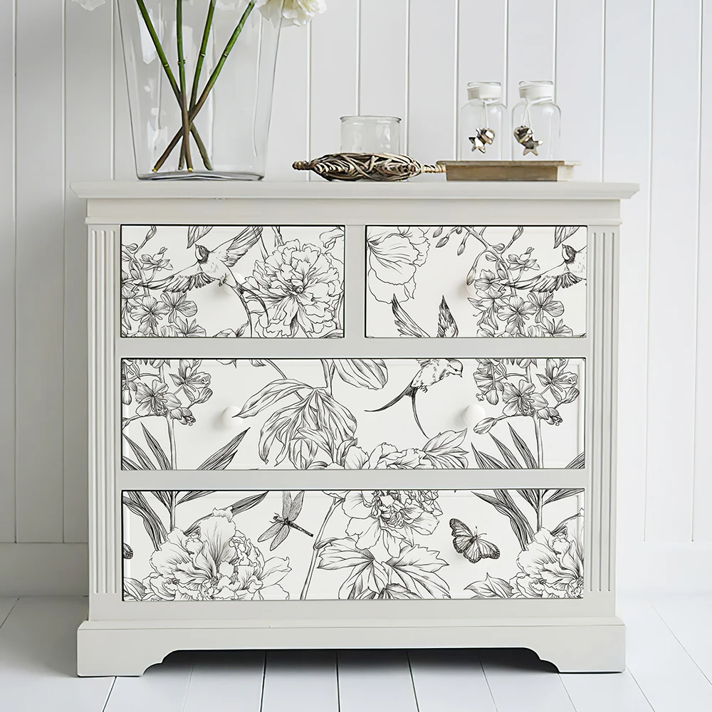 Retro Line Sketch Floral Wallpaper White And Black Flower PVC Furniture Cabinet Sticker Vintage Birds Removable Wall Decor