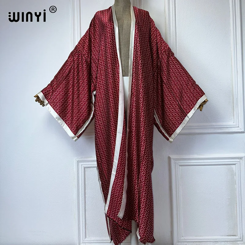 WINYI Kimono Women Elegant print Long Sleeve Cardigan Female Blouse Loose abaya beachwear Cover Up boho dress party kaftan