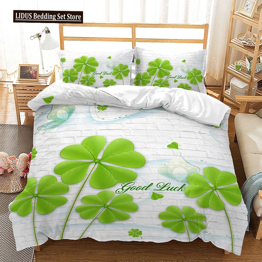 

Four-leaf Clover Duvet Cover Set Green Leaves With Good Luck Polyester Comforter Cover For Kids Boy Girl Bedding Set King Size