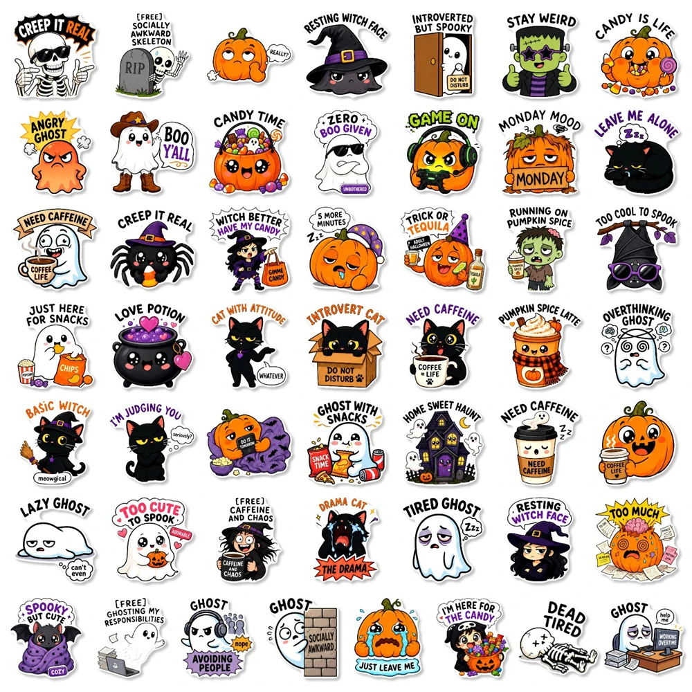 50PCS Waterproof Halloween Ghost Pumpkin Witch Funny Cartoon Decoration Notebook Watercup DIY Stickers