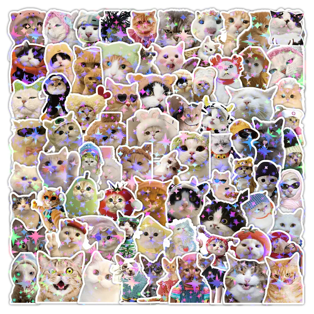 10/50/100/200 szt. Urocze naklejki z kreskówkowym kotem laserowym, naklejki DIY na laptopa, telefon, lodówkę, walizkę, do dekoracji pamiętnika, zabawka dla dzieci