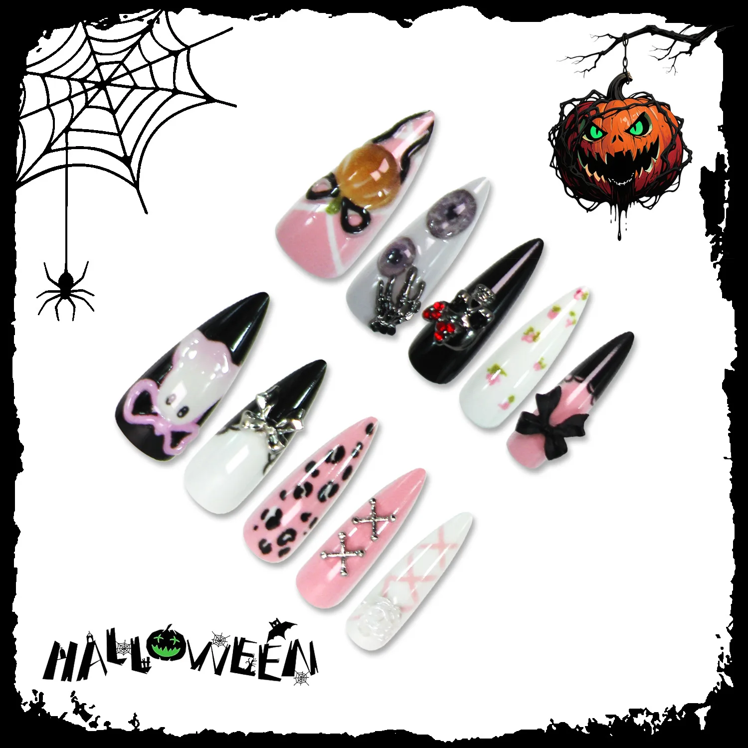 24枚入り ハロウィン ロングスティレット つけ爪 ピンク ブラック フレンチ パンクスタイル フェイクネイル キュート ゴースト リボン スパイシーガール プレスオンネイル