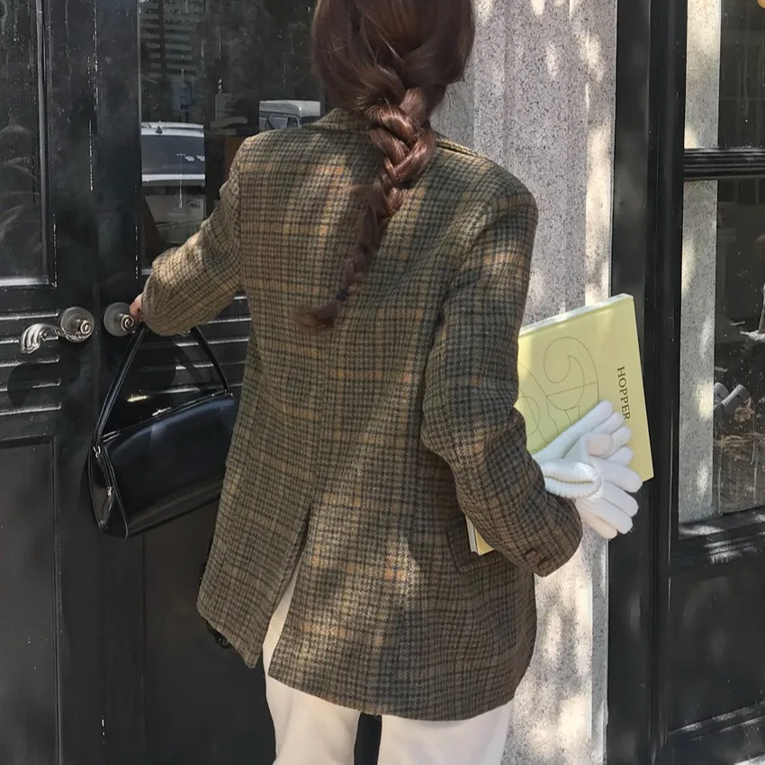 Women's Single-Button Woolen Suit Jaet Korean Sle Retro Faion Plaid Collar Design Commute Long Sve Coat Two Colors