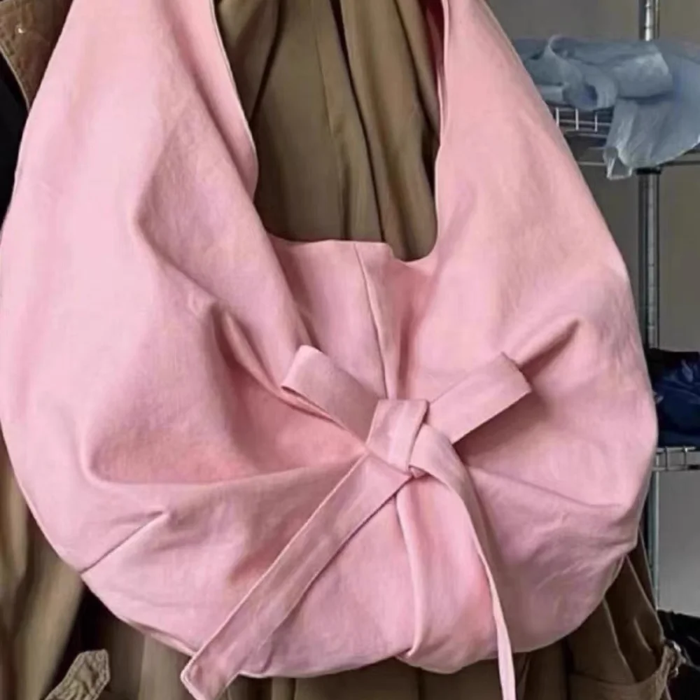 Miyagawa w stylu Instagram niszowy różowy kokardka dla dziewczynek płócienna damska torba 2024 nowe casualowe torby torba Tote na jedno ramię o