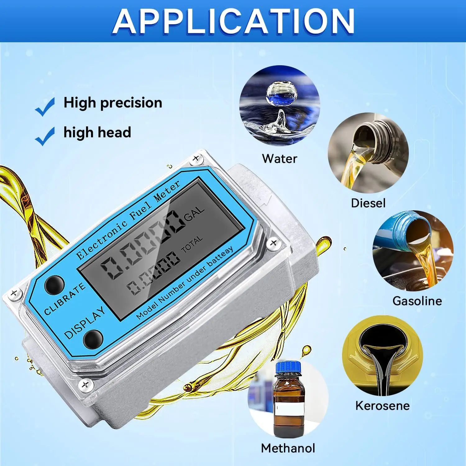 Digital Turbine Water Flow Meter Digital LCD Display with NPT Counter and FNPT Thread Gas Oil Fuel Flowmeter (1 Inch)