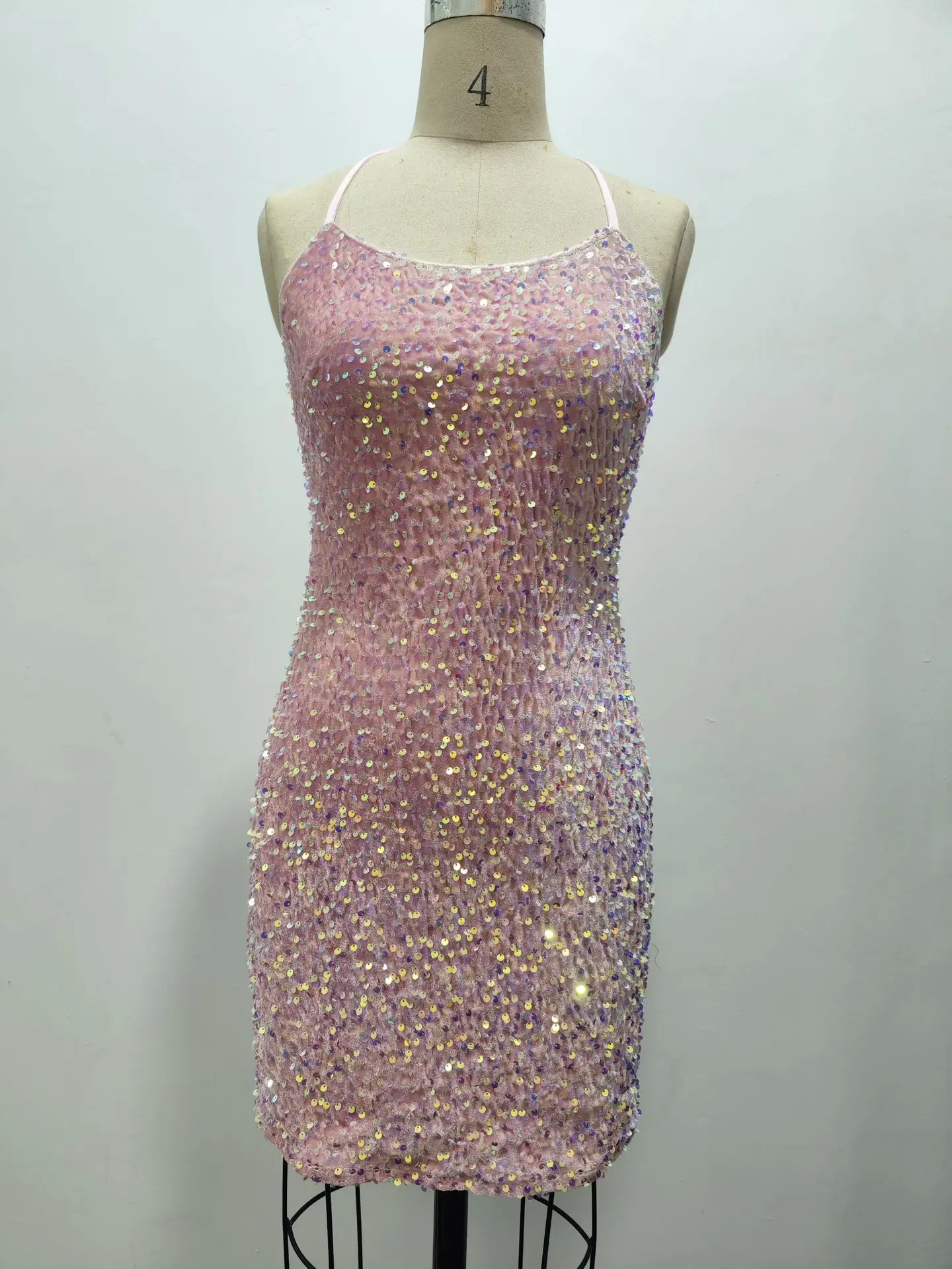 Vestido de festa rosa brilhante para mulheres, sem costas, sem mangas, curto, boate, bodycon sexy, senhoras, vestidos de baile, moda, 2024