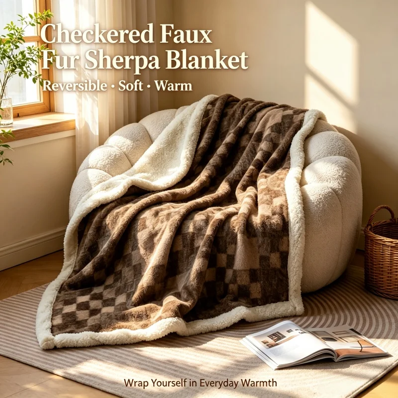 Lamb Wool Plaid Blanket Sherpa Lining Artificial Wool Blanket, Warm and Soft Winter Decorative Travel Blanket for Sofa Beds