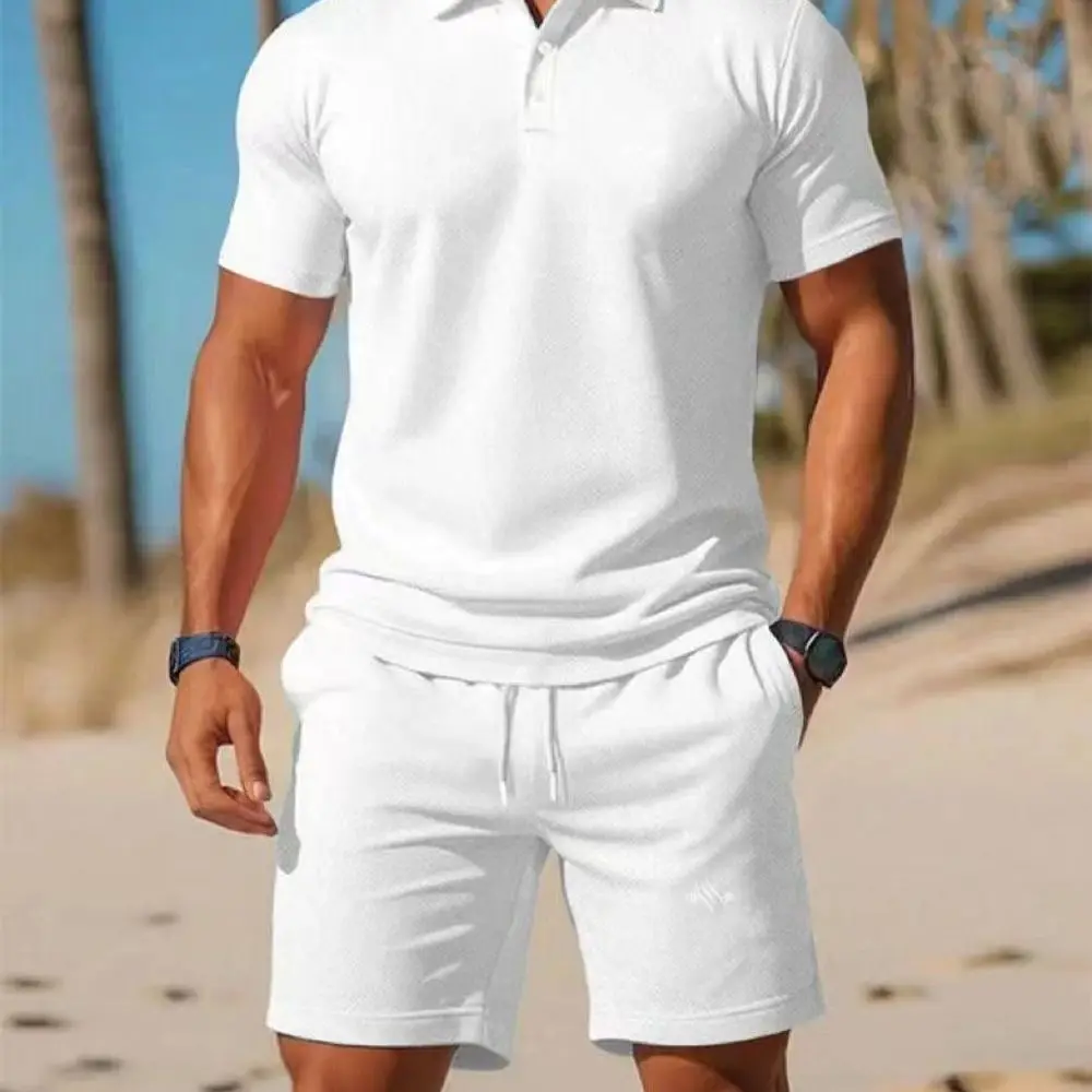 Summer Men's Streetwear 2 Piece Set polo-Neck T-Shirt+Sports Shorts Quick Dry Fitness Gym Running Suit Hot Sale Fashion Casual