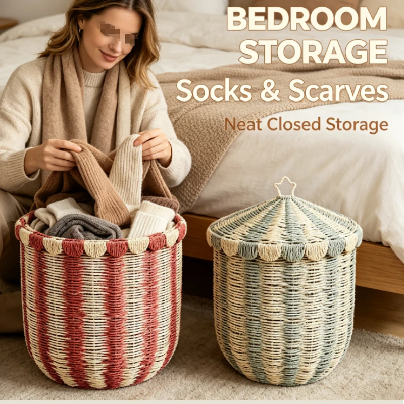 Woven Paper Rope Storage Basket With Striped Pattern And Tassel Lid For Living Room And Bedroom Decorative Organization