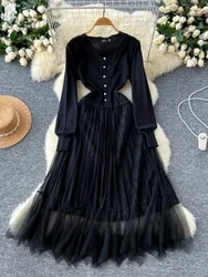 French Black Dress Women Autumn Winter Elegant V-neck Yarn Dresses Ladies Knitted Patchwork Vintage Party Long Robe Vestidos