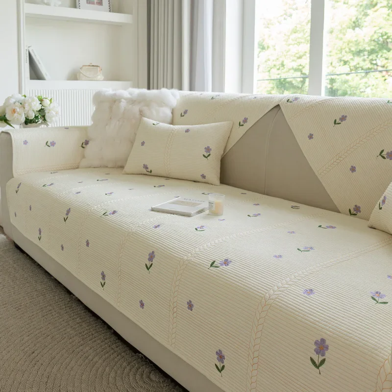 Soft Chenille Embroidery Four Season Universal Sofa Towel, L-shaped Sectional Anti-slip Sofa Cover for Living Room