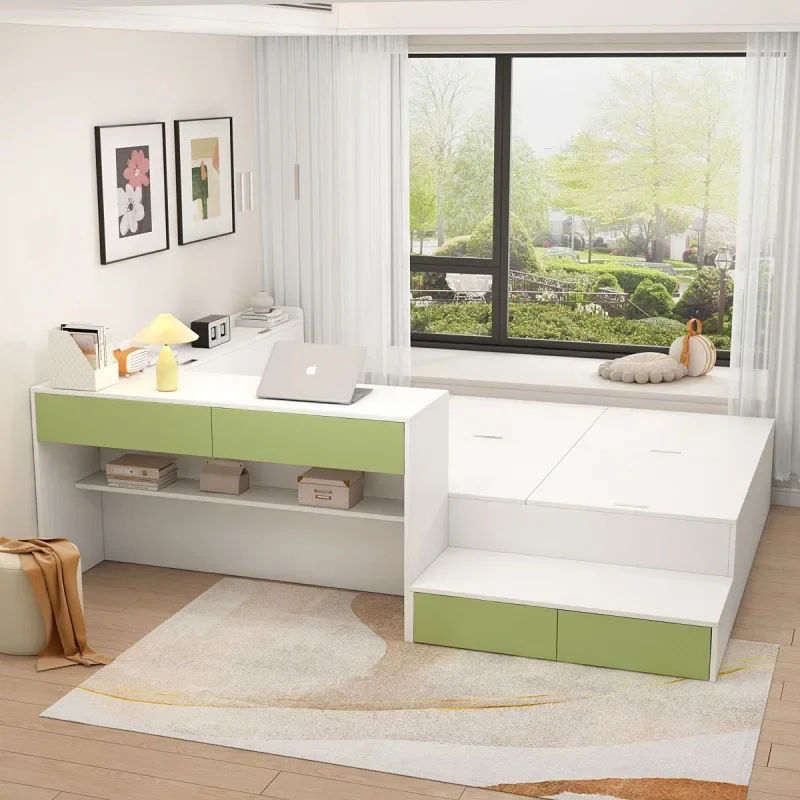 Bedroom: Multi-functional tatami bed and desk integrated simple small apartment high box storage panel children's bed