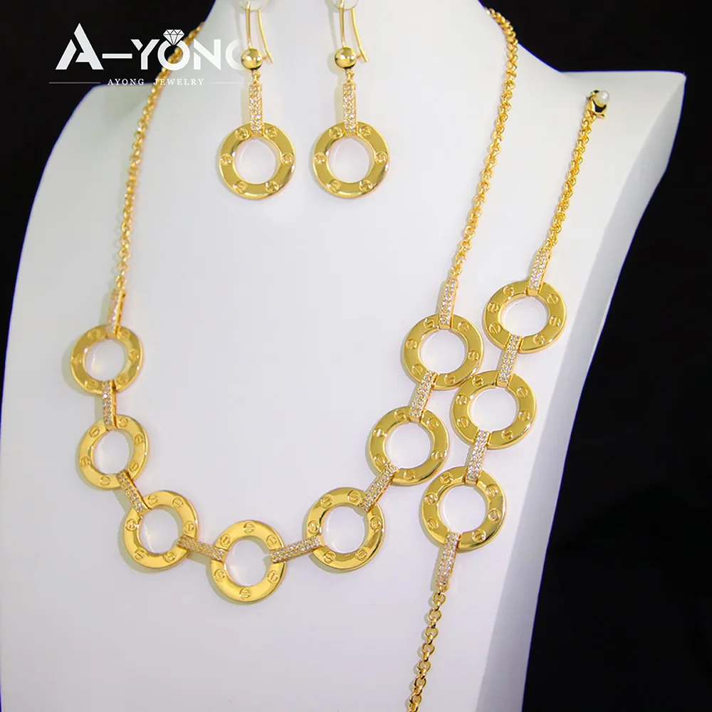 Luxury Dubai Elegant Jewelry Set 21k Gold Plated Arab Round Pendant Necklace Bracelet Earrrings Full Sets Women Wedding Ornament