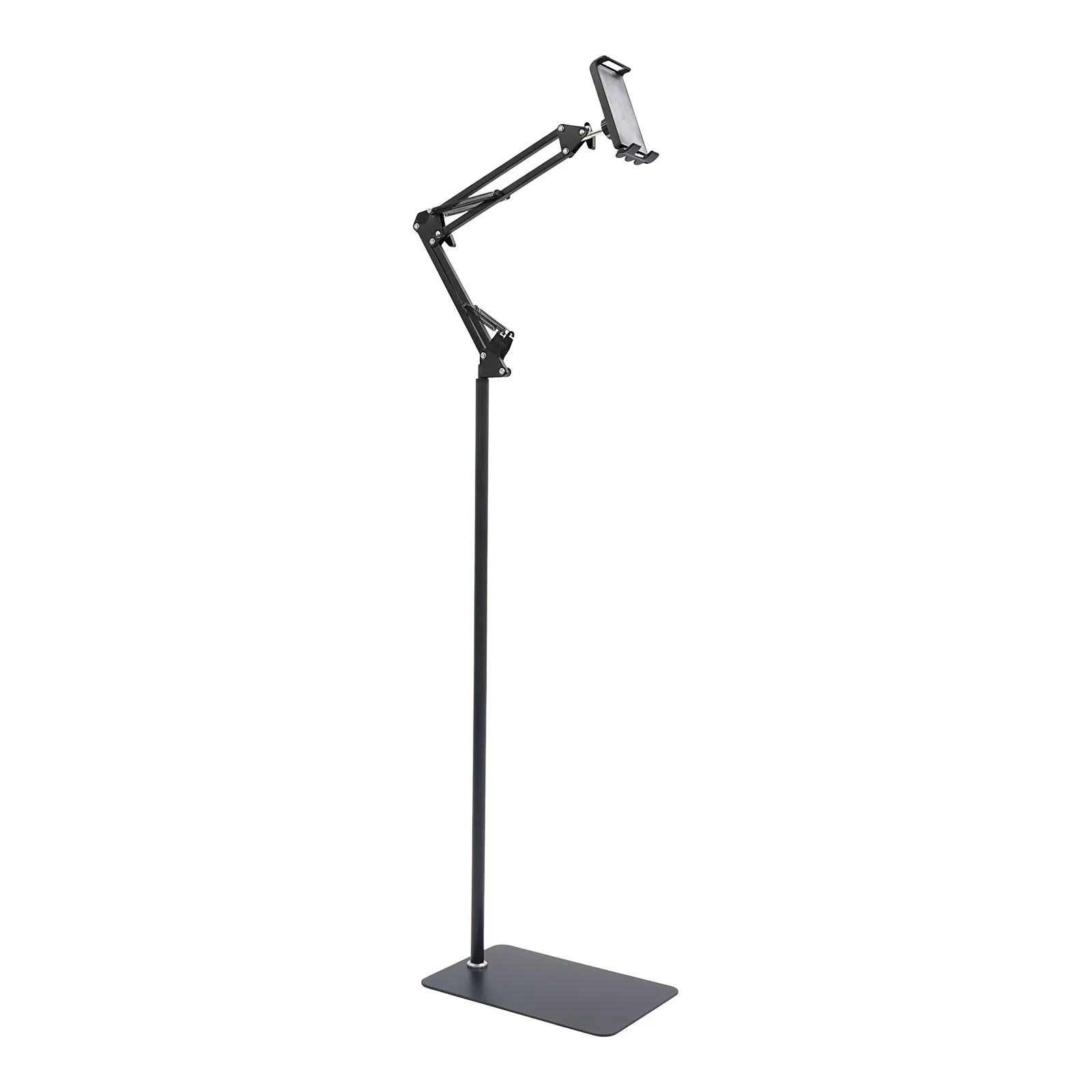 Black Painted Carbon Steel Floor Tablet Stand for Bedroom Living Room, 1.35m Height 360 Rotation Adjustable Stable Phone Holder for Students Streamers
