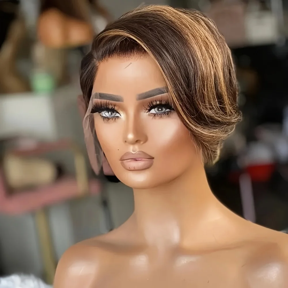 

13x4x1 T Part Lace Front Wig PrePlucked with Bady Hair 1B/27 Pixie Cut Wig 6 Inch Short Curly Human Hair Wig 180% Density