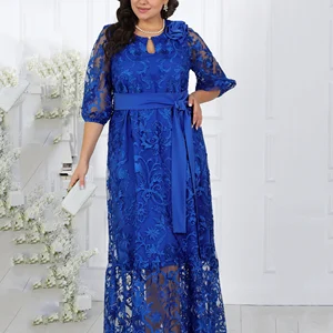 فستان كوكتيل بحجم كبير ، فستان برقبة مستديرة ، 5/4 أكمام ، حزام زهرة مطرز ، فستان وصيفة الشرف ، صناعة ثقيلة ، 2420 # أفضل 6 فساتين وصيفة الشرف مبيعا بحجم كبير - No3