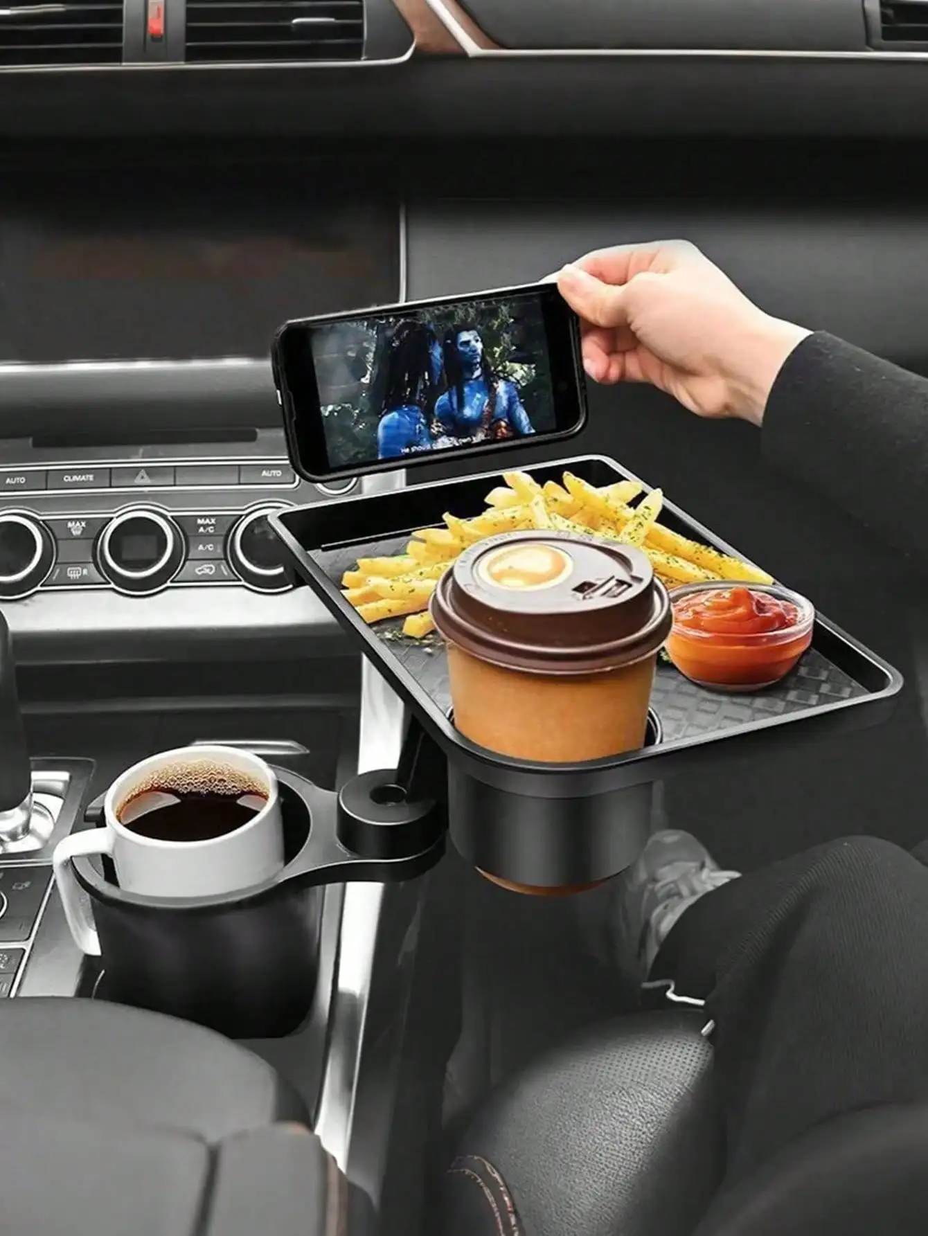 

Подстаканник-поднос для автомобиля 2-в-1 – 360 ° Вращающийся столик с устойчивой основой и слотом для телефона, прочный аксессуар для интерьера