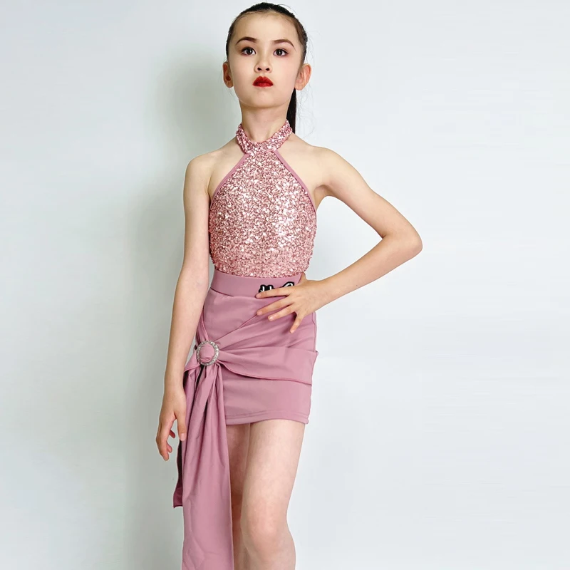 ملابس رقص اللاتينية فتاة قاعة الرقص فستان رقص زي بلا أكمام الترتر القمم مجموعة الاطفال الحديثة كرنفال اللاتينية Dancewear XH2640