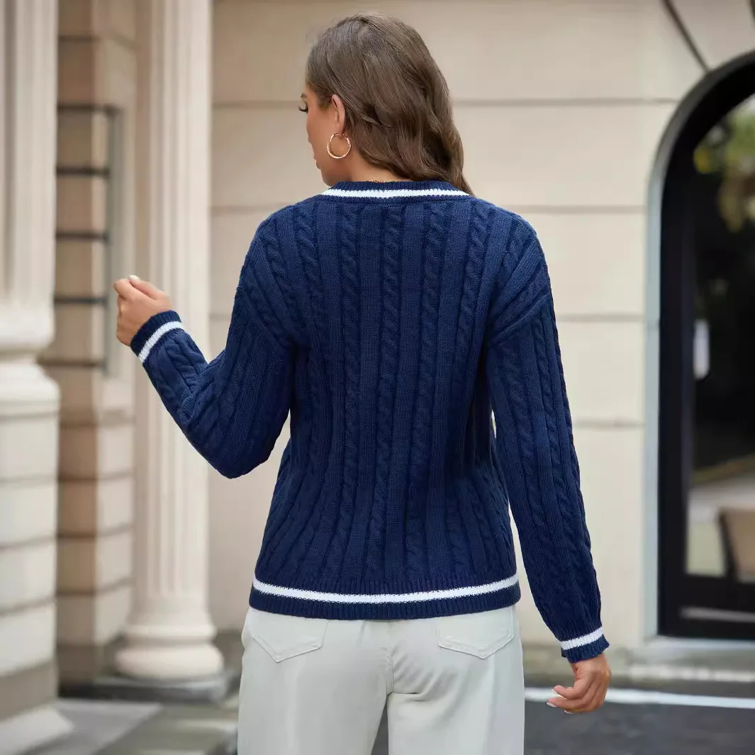 Femmes chandails à manches longues col en V tricot pulls solide Patchwork droit pulls décontracté élégant légèrement extensible haute rue