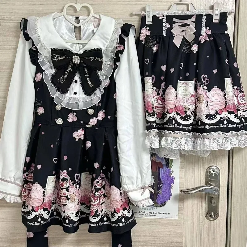 Japanese Gothic Y2k Lolita Style Bow Dress Shorts Set Women Lace Ruffles Off Shoulder Button Shirts Dress Sweet Slim Party Dress