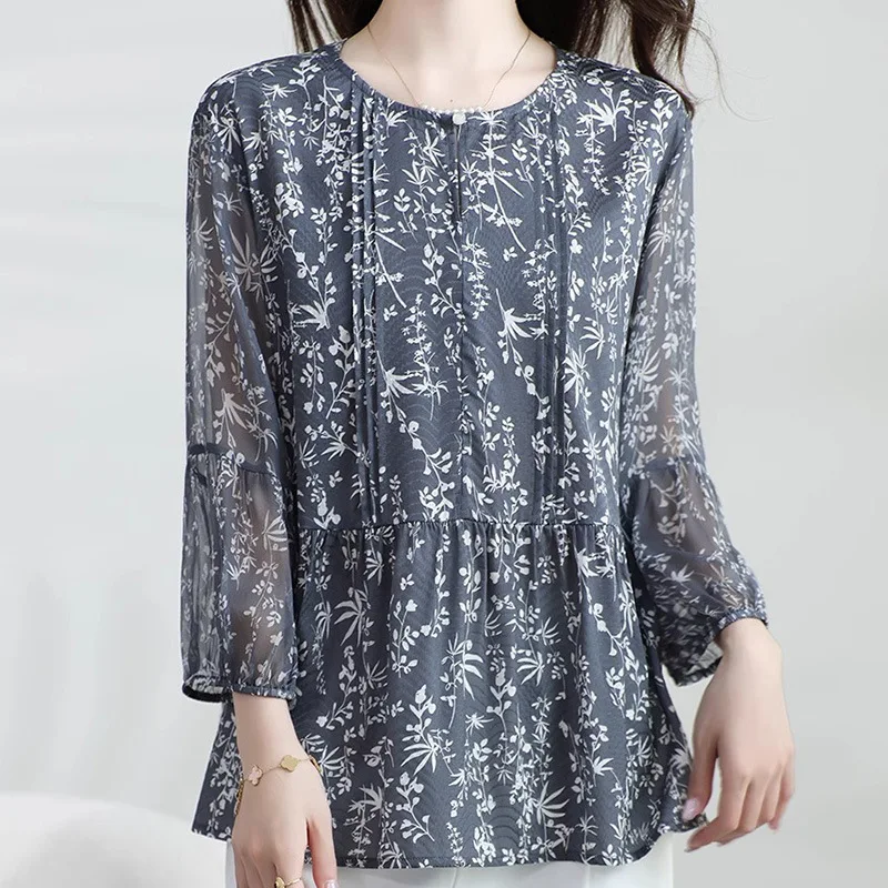 الراقية الحرير الأزهار أعلى قميص ثلاثة أرباع كم أمي الصغيرة ارتداء المرأة الصيف الجديد