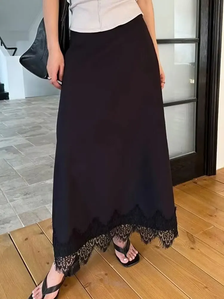 HH Women Fashion Lace Hem Skirt Elastic Waist Slim Straight Midi Skirt Woman Elegant Evening Club Party Lady Chic Skirt